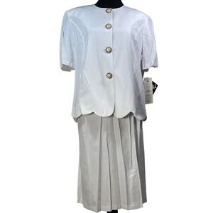 Pablo Collection White 2pc Skirt Set Scalloped Pearl Button Blazer Size 18 VTG